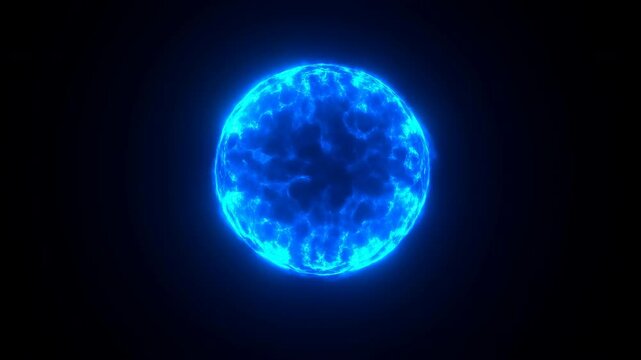 Glowing electric blue orb centered against dark void with turbulent plasma surface, cyan filaments, halo rim lighting, intense contrast, abstract cosmic energy, with orb, sphere, glow, blue detail