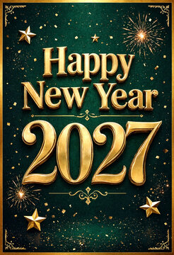 Elegant golden happy new year 2027 greeting card with stars and fireworks celebration design