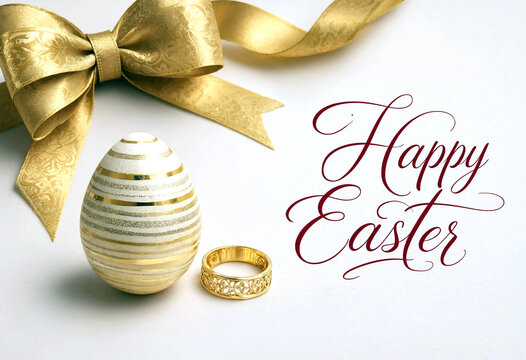 Festive happy easter greeting with decorative golden egg ribbon and ring celebration arrangement