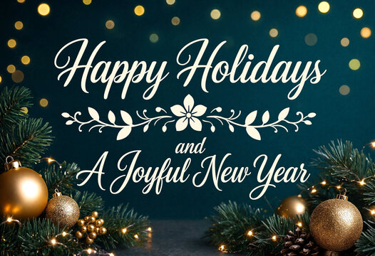 Festive happy holidays and joyful new year greeting card with golden decorations and evergreen branches