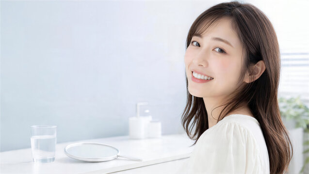 朝の窓辺で笑顔を見せる女性