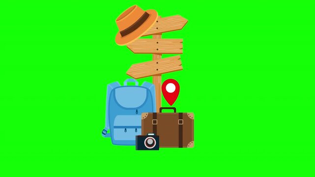 Travel Direction Signpost with Backpack Suitcase Camera and Location Pin Animation