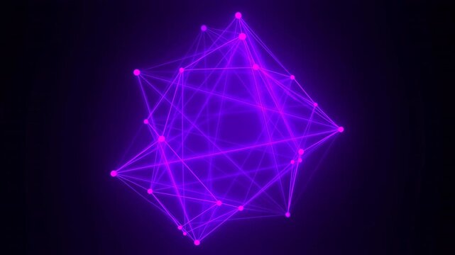 Glowing magenta node network with neon wireframe polyhedrons and layered geometric connections over dark background, creating futuristic digital abstract scene with luminous depth