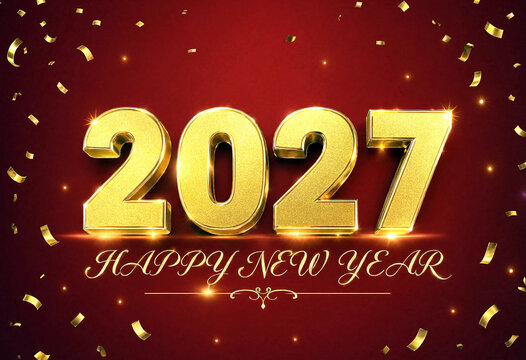 Golden glittery happy new year 2027 celebration with confetti and festive decorations design