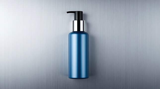 Blue cosmetic pump bottle with silver accents on a textured gray background.