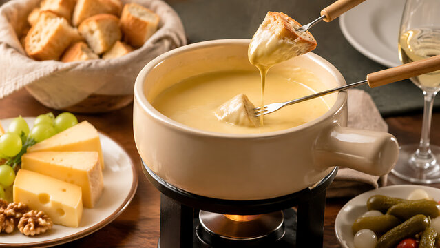 Ceramic fondue pot with melted cheese and bread cubes, Swiss fondue dining concept

