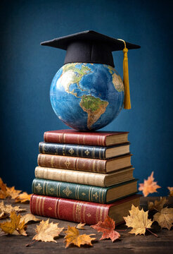 Graduation cap on globe with vintage books and autumn leaves symbolizing education and global knowledge achievement