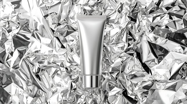 Silver cosmetic cream tube on a textured shiny metallic background.