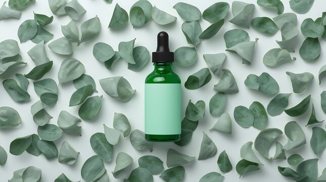 Green dropper bottle with blank label surrounded by eucalyptus leaves on white background.