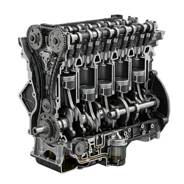 Cross section of a modern four cylinder car engine showing internal pistons and crankshaft components