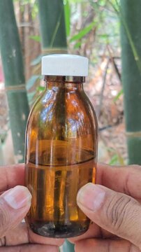 Dark Amber Glass Bottle of Ocote Turpentine with Bamboo Background