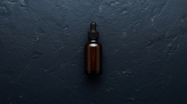 Dark Amber Glass Dropper Bottle Centered on Textured Dark Blue Surface.
