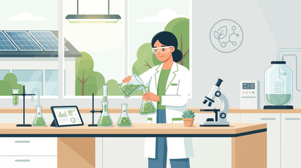 Fototapeta premium An illustration showcasing a scientist engaging in green chemistry practices within a sustainable and environmentally conscious laboratory. This is an eco-friendly Flat Design. 