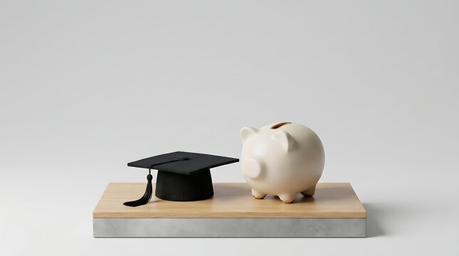 Graduation cap and piggy bank on wooden podium representing college savings, student loans, and education finance concept
