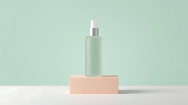 Minimalist Skincare Product Bottle on Geometric Stand with Soft Background.