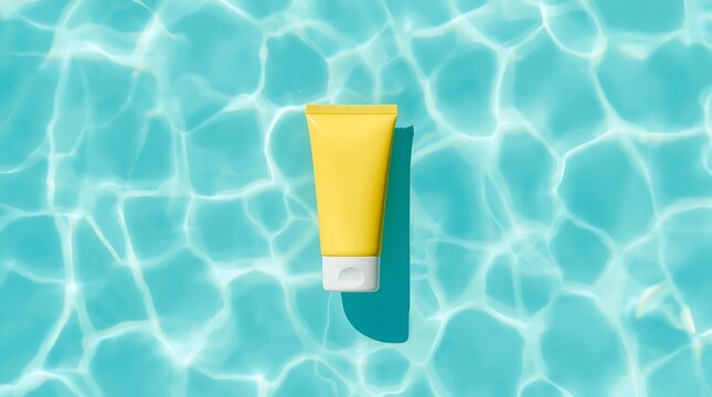 Yellow sunscreen tube floating on clear blue swimming pool water with light reflections.