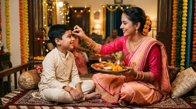 Sister applying tilak on brother forehead during Raksha Bandhan festival at home.