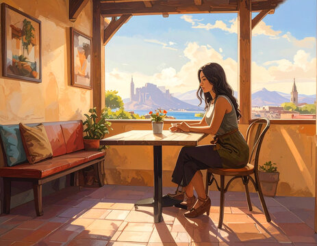 Woman sitting at table scenic view