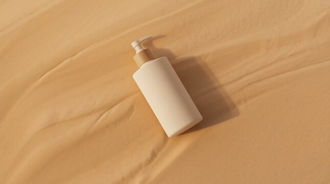 Minimalist white pump bottle with cosmetic cream on a sandy textured background.