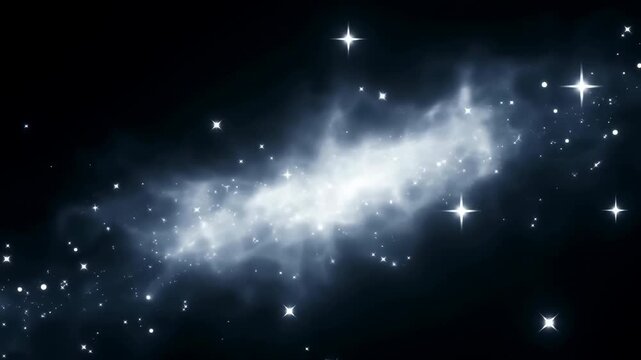 Luminous white-blue nebula band crossing diagonal starfield with sparkling starlight, granular dust, bright core, soft halo, cosmic haze, radiant contrast, expansive deep-space atmosphere