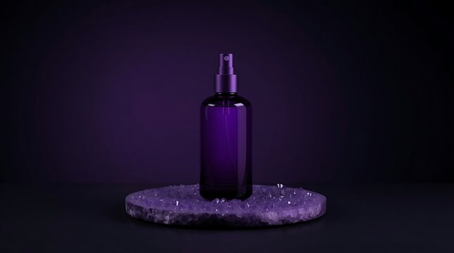 Dark Purple Glass Bottle on Geode with Water Droplets.
