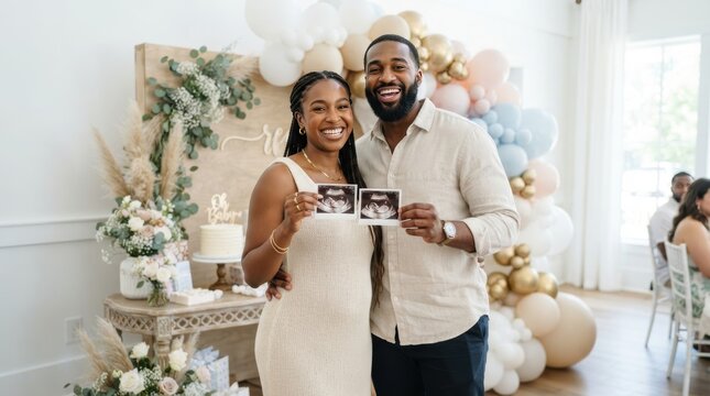 Happy couple proudly displays ultrasound photos at a baby shower celebration