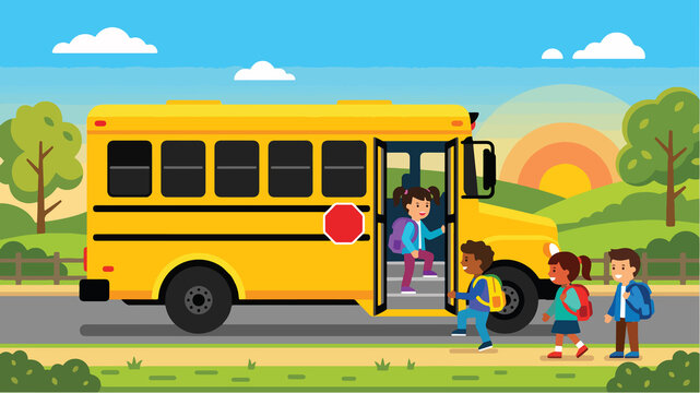 Yellow school bus vector illustration with diverse children getting on the bus for morning back to school concept