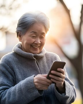 Happy senior Asian woman using smartphone outdoors at golden hour, perfect for active aging, digital lifestyle, online communication, retirement and modern technology concepts