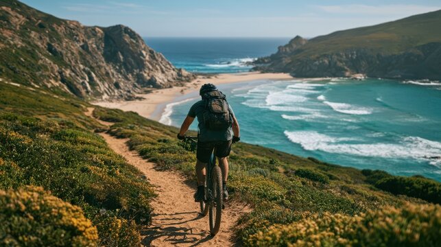 A cyclist rides along a coastal trail overlooking a scenic beach, surrounded by cliffs and clear blue ocean waves under a sunny sky.