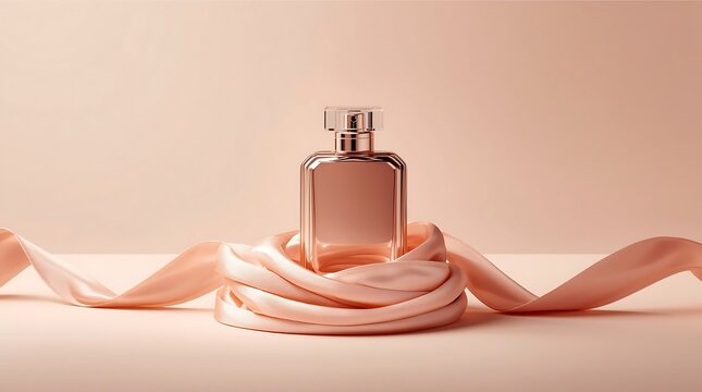 Elegant perfume bottle with silk ribbon on a soft pink background.