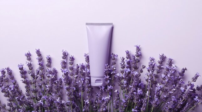Lavender cream tube surrounded by fresh lavender flowers on a light purple background.