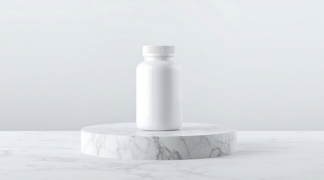 Minimalist White Pill Bottle on Marble Pedestal with Soft Lighting.