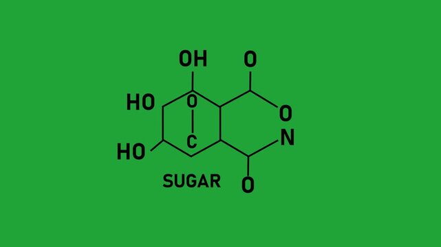 Chemical structure of sugar molecule diagram on green screen background, for science and, education chemistry