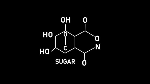Scientific sugar molecule chemical structure diagram animation on black background, chemistry science