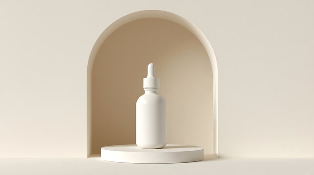 Minimalist White Dropper Bottle on Pedestal with Arch Background.