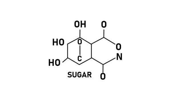 Chemical structure of sugar molecule diagram, scientific biochemistry for educational science projects and research presentations