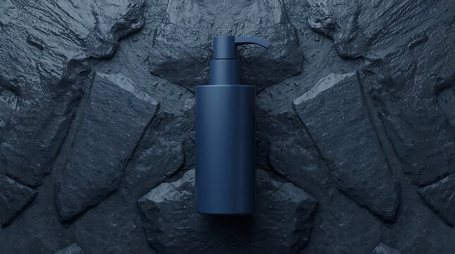 Dark Blue Cosmetic Bottle with Pump Dispenser on Textured Dark Background.
