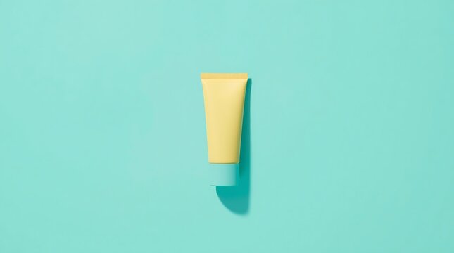 Minimalist Yellow Tube of Cream or Lotion on a Teal Background with Shadow.