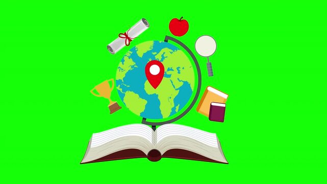 Global Education and Learning Concept with Open Book Globe and Academic Icons Animation