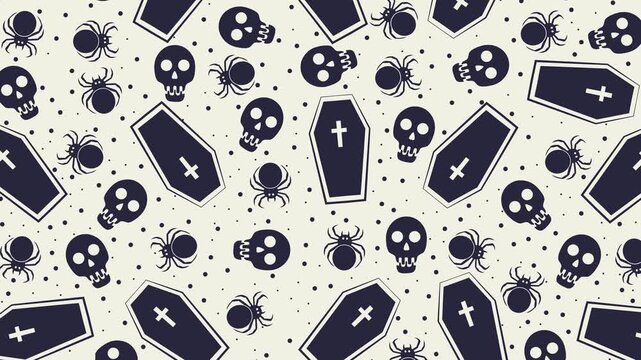 Coffin and Skull Pattern. A 4K seamless looping animation featuring a scattered toss pattern of dark coffins, skulls, and spiders on a cream dotted backdrop. Great for spooky video backgrounds.