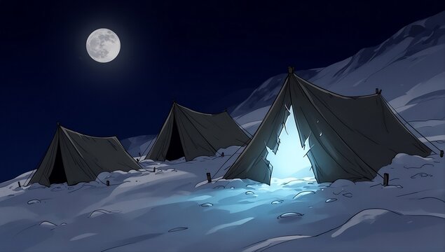 Snowy mountain landscape at night with illuminated tents under a full moon, single tent has been ripped open.