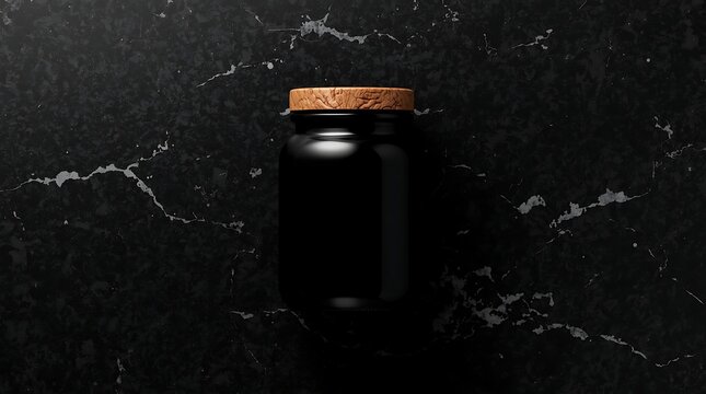 Dark Glass Jar with Cork Lid on Marble Surface.
