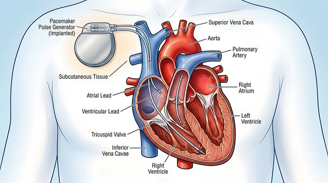 Human heart anatomy with pacemaker and leads, labeled diagram