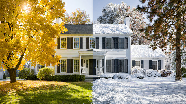 Split screen view of residential house exterior comparing sunny autumn foliage and snowy winter landscape.