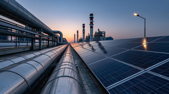 Wide angle view of industrial steel pipelines and solar panel array under clear blue sky at sunrise.