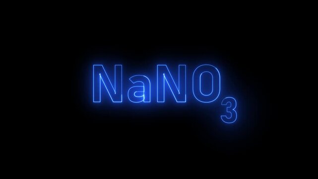 Sodium nitrate na no3 chemical formula neon glowing text animation on black background, nano3 chemistry