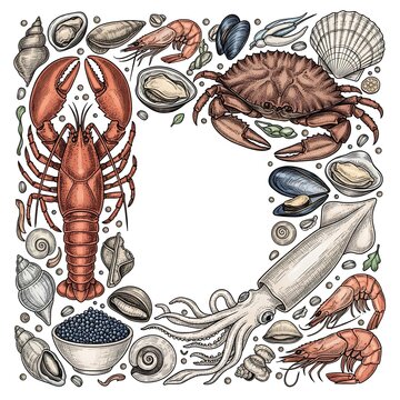 Hand drawn seafood frame with lobster crab squid and shrimp