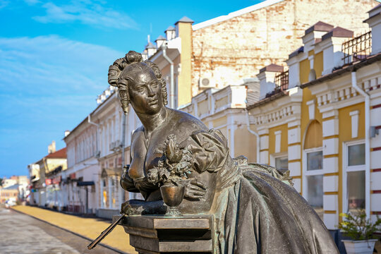 Famous statue of the Tambov Treasurer worker on Tambov Arbat, Tambov region of Russia