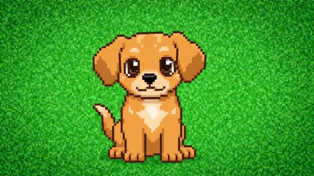 Cute Pixel Art Golden Puppy Sitting on Green Screen Background. 4K Video