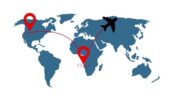 Animated map with airplane flight path and location pins for global travel and logistics